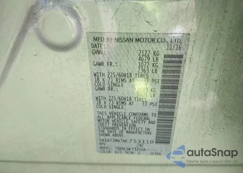 2017 Nissan Rogue Sl из США, поврежденный, VIN 5N1AT2MV7HC753110